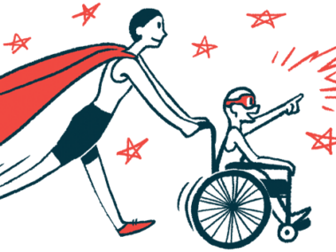 rare disease clinical trial participants | Myasthenia Gravis News | Illustration of woman in cape pushing child in wheelchair