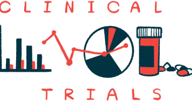 An illustration for a clinical trial shows a graph, chart line, pie chart, and a medicine bottle with a few capsules nearby.