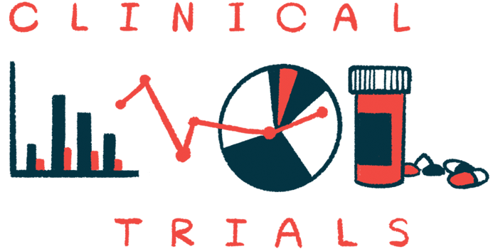 An illustration for a clinical trial shows a graph, chart line, pie chart, and a medicine bottle with a few capsules nearby.