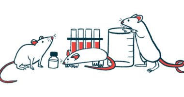 Three mice are seen in a lab with a rack of test tubes, a tiny medicine bottle, and a beaker.