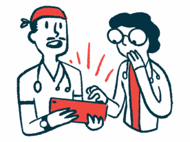 An illustration showing two doctors looking over information on a tablet.