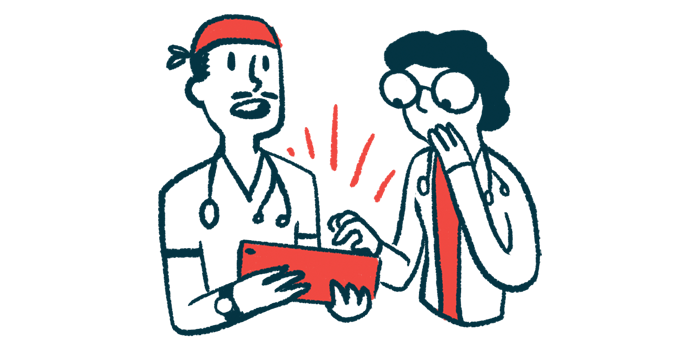 An illustration showing two doctors looking over information on a tablet.