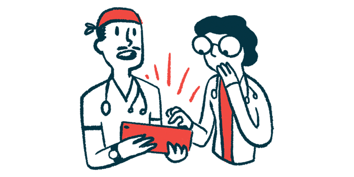 An illustration showing two doctors looking over information on a tablet.