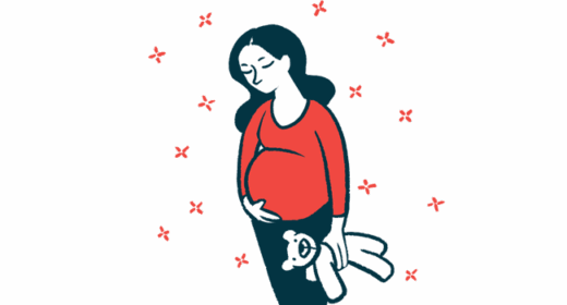 A pregnant woman cradles her belly with one hand and holds a teddy bear with the other.