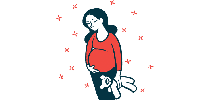 pregnancy | Myasthenia Gravis News | illustration of pregnant woman holding teddy bear