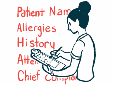 A medical professional looks at a clipboard that shows information about a patient.