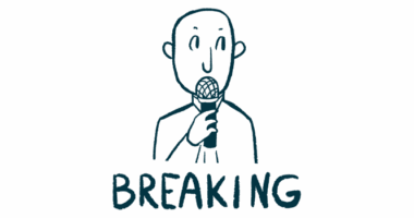 An announcer with a microphone makes breaking news.
