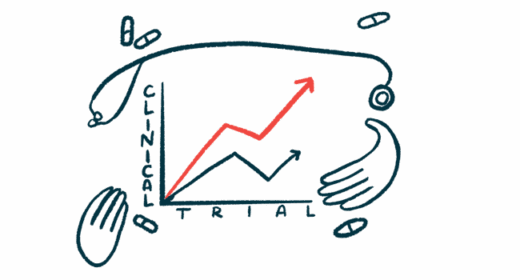 A graph illustrating a clinical trial's results shows two arrows, both moving upward. The graph is framed by a stethoscope, a pair of hands, and a scattering of pills.