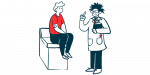 A doctor talks to a patient sitting on an examination table.