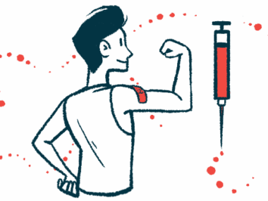 An oversized injection syringe is seen alongside a person with a flexed bicep with a bandage covering an injection site.