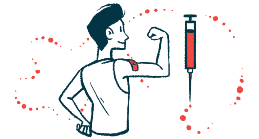 An oversized injection syringe is seen alongside a person with a flexed bicep and a bandage covering an injection site.