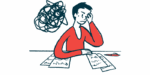 A person sitting at a desk is shown struggling with to control negative emotions.