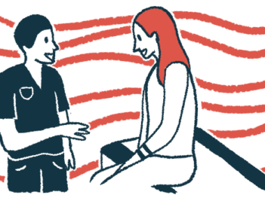 A health care professional speaks with a patient who's seated on an examining table.