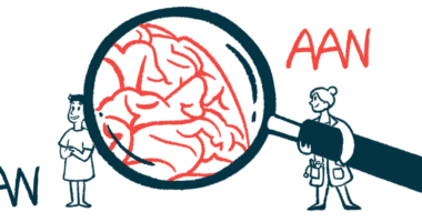 An AAN conference illustration of a person holding a giant magnifying glass showing the brain.