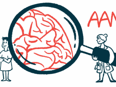 An AAN conference illustration of a person holding a giant magnifying glass showing the brain.