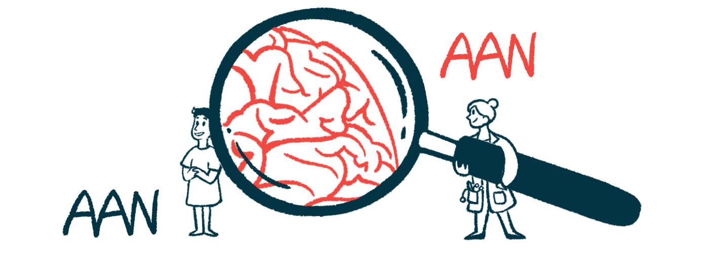 An AAN conference illustration of a person holding a giant magnifying glass showing the brain.