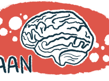 An illustration shows a human brain, gray in color, on a red background, with the letters 