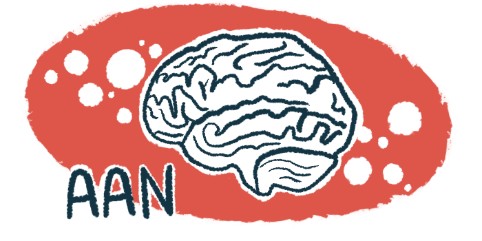 An illustration shows a human brain, gray in color, on a red background, with the letters 