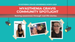 The myasthenia gravis community spotlight banner features photos of people living with MG.