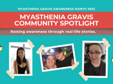 The myasthenia gravis community spotlight banner features photos of people living with MG.