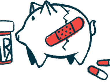 A piggybank standing next to a bottle of prescription medicine with a crack in it illustrates the high cost of medical care.