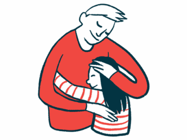 A child embraces an adult in this illustration.