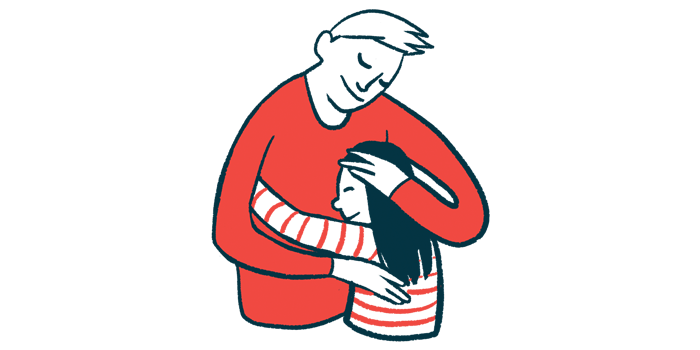 A child embraces an adult in this illustration.
