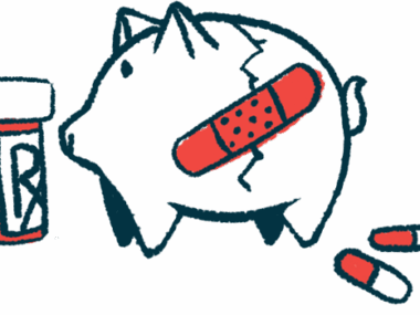 A cracked piggy bank, held together by a bandage, is shown with a medicine jar and two capsules.