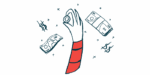 A hand, surrounded by bills and dollar signs, is shown holding a coin.