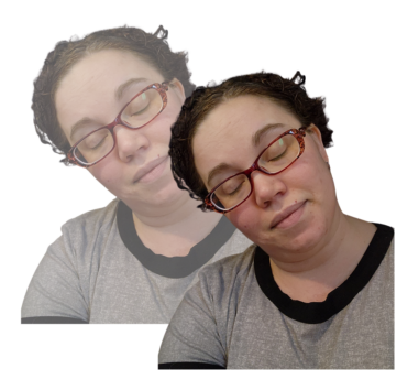 Two identical face-and-shoulders shots of a woman with short brown hair, glasses, and closed eyes, wearing a gray T-shirt with a black border at the collar. The image at back left, which slightly underlaps the image in foreground, is faded. 