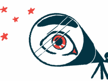 An eye is magnified by a telescope.