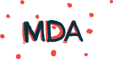 The abbreviation MDA, for Muscular Dystrophy Association, is shown against a backdrop of red spots.