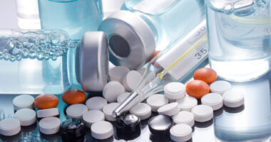 A variety of oral and injectable medications and vials