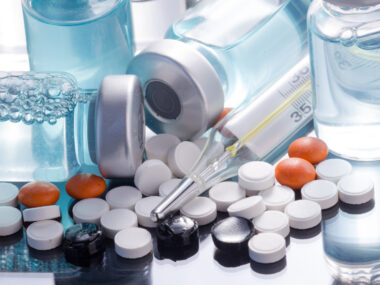 A variety of oral and injectable medications and vials