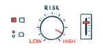 On a risk dashboard, an indicator on a dial labeled 'RISK' point to just below the top marker, labeled 'HIGH.'