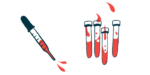 A squirting dropper is seen alongside four half-filled vials containing a red liquid.