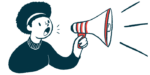 A woman is shown making an announcement using a megaphone.