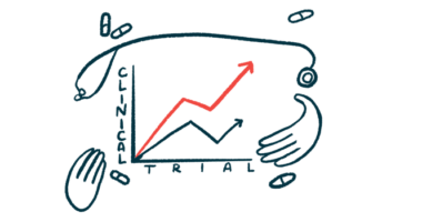 Two hands, a stethoscope, and a handful of pills surround a graph labeled 'CLINICAL TRIAL' that shows positively trending results.