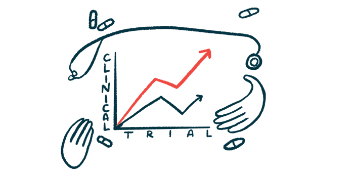 Two hands, a stethoscope, and a handful of pills surround a graph labeled 'CLINICAL TRIAL' and showing positively trending results.