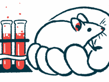 An oversized human hand holds a mouse alongside a rack with three vials filled with blood.