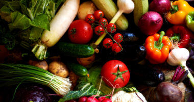 fruits and vegetables such as tomatoes, peppers, cauliflower, and bananas