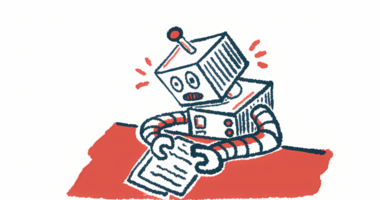 A robot sits at a desk reading a stack of papers.