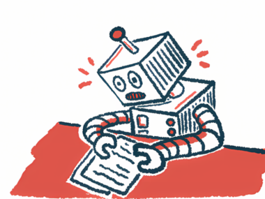 A robot sits at a desk reading a stack of papers.