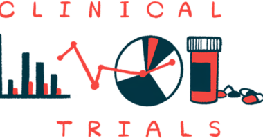 The words CLINICAL and TRIALS sandwich images of a bar graph, a pie chart, and a bottle of oral medication with pills scattered nearby.