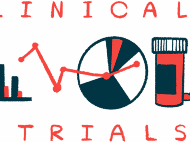 The words CLINICAL and TRIALS sandwich images of a bar graph, a pie chart, and a bottle of oral medication with pills scattered nearby.