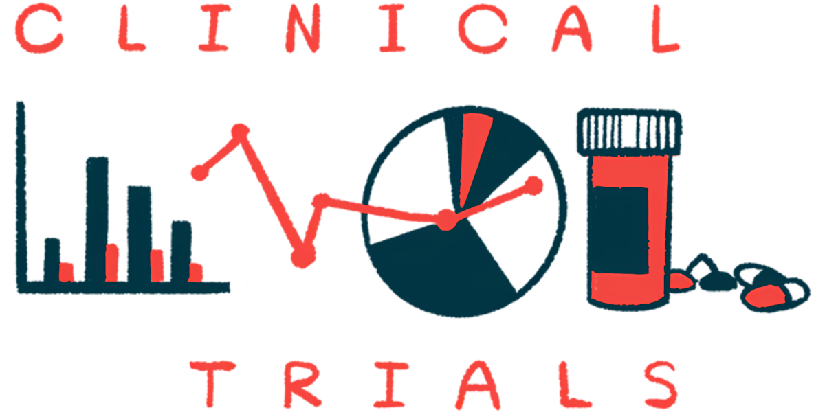 The words CLINICAL and TRIALS sandwich images of a bar graph, a pie chart, and a bottle of oral medication with pills scattered nearby.