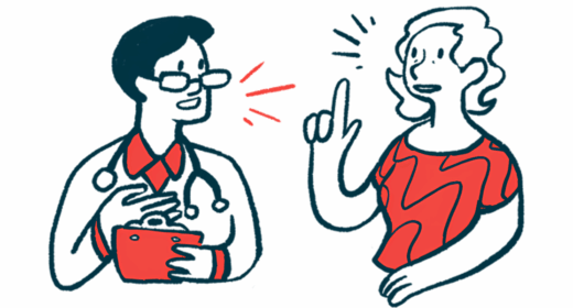 A patient gestures with one hand while talking with a clinician, who holds a clipboard.