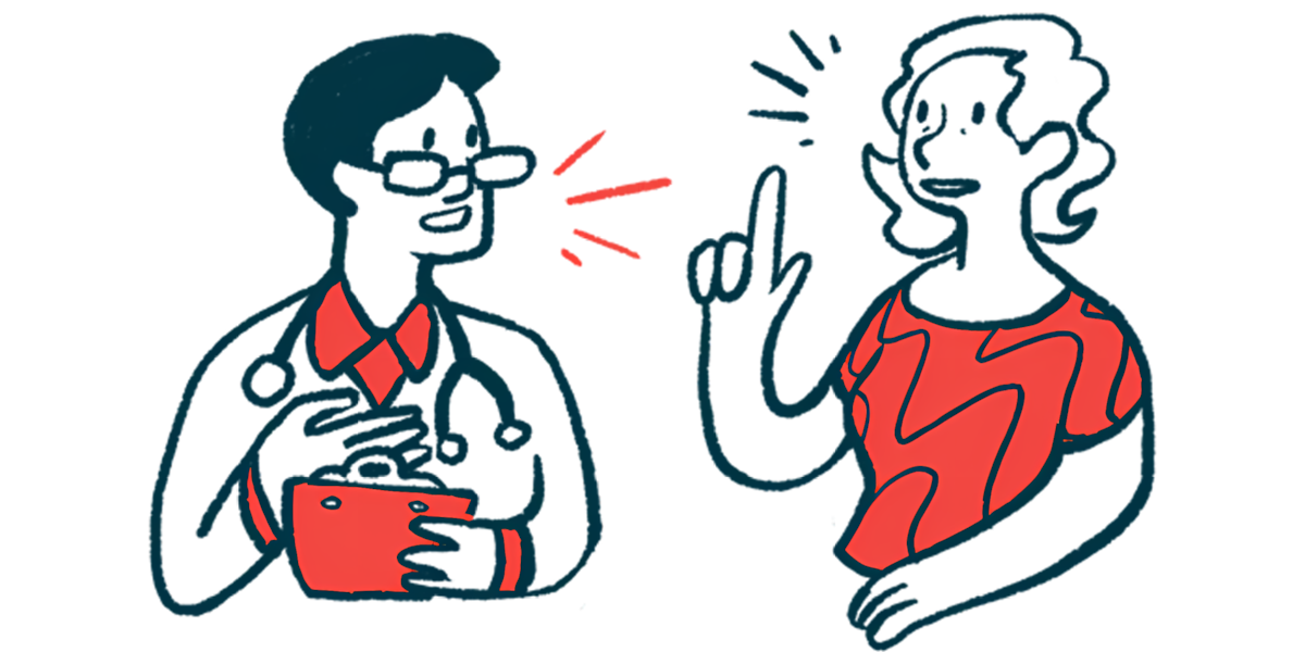 A patient gestures with one hand while talking with a clinician, who holds a clipboard.