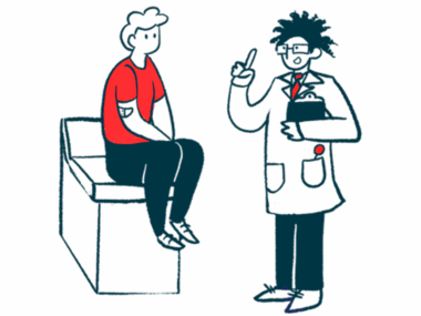 A clinician speaks to a patient who's sitting on the end of an examination table.