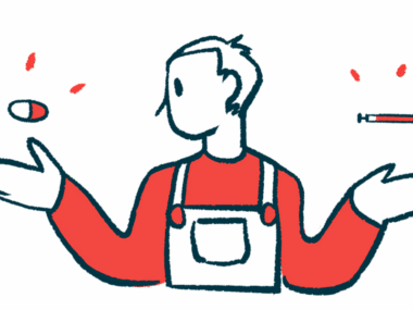 A man in overalls holds up his hands, each containing a type of medicine to illustrate a comparison.